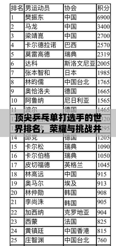 顶尖乒乓单打选手的世界排名,荣耀与挑战并存